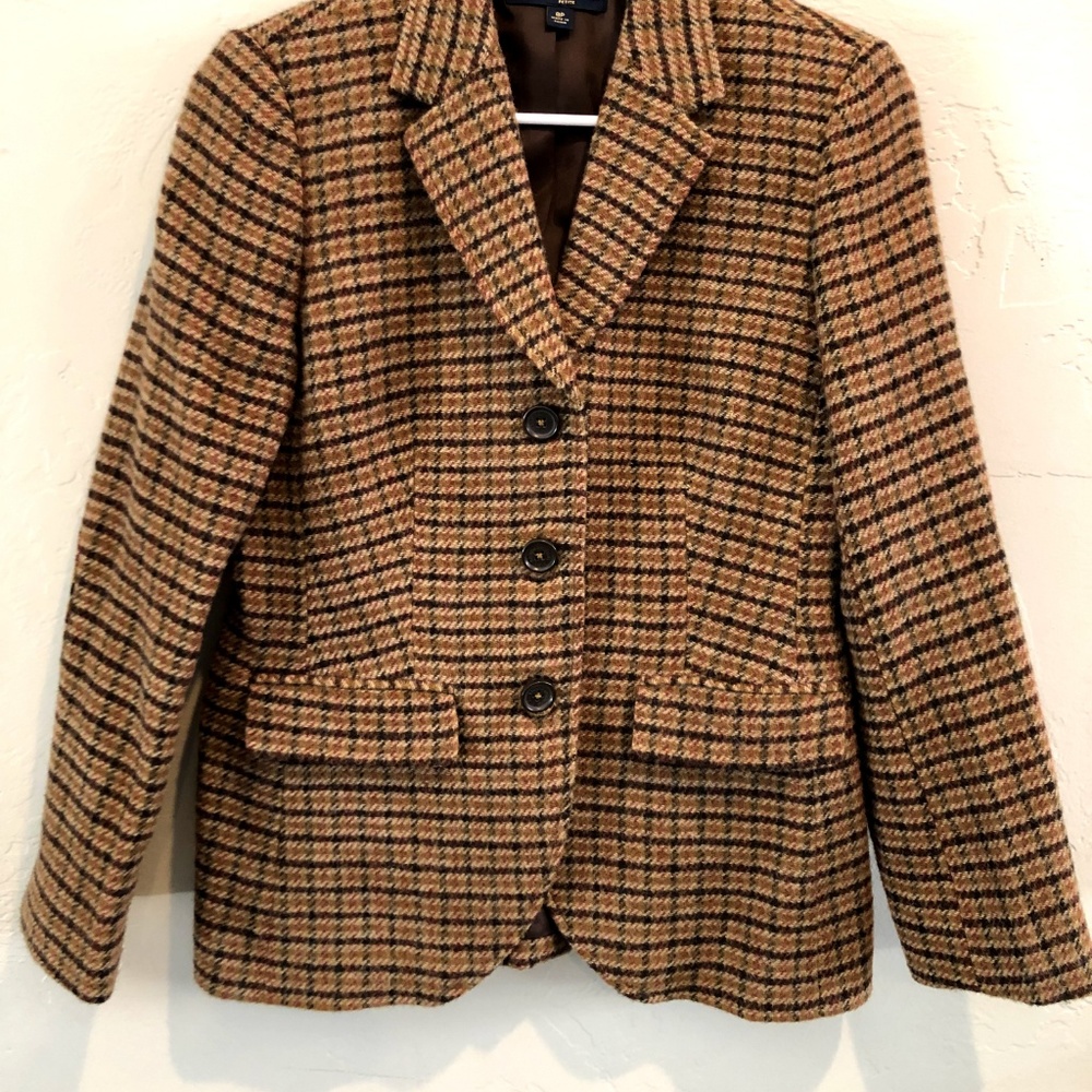 Classic Houndstooth Plaid Wool Blazer 8P Fitted